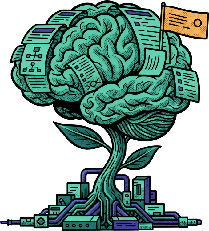 A plant-like brain growing from stacked tool blocks, with one leaf flagged
