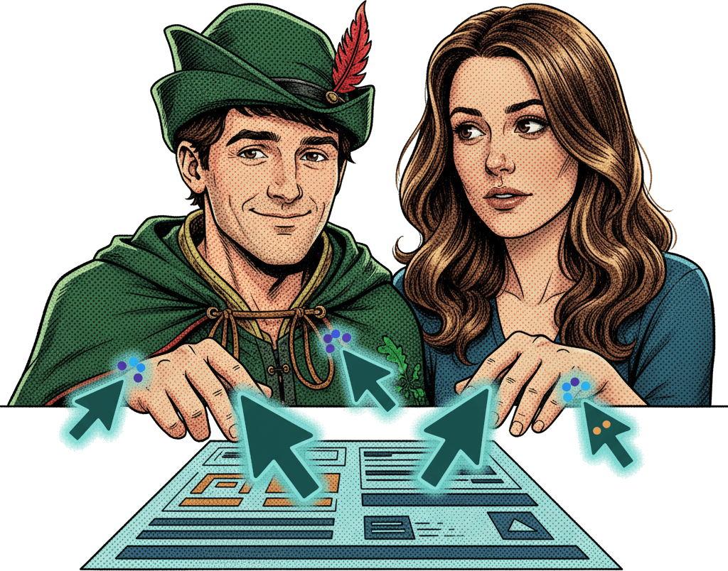 Richard and Monica editing the same document together, their agents' cursors alongside