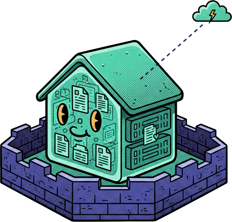A house-shaped server keeping data inside, with a thin optional line to a small cloud