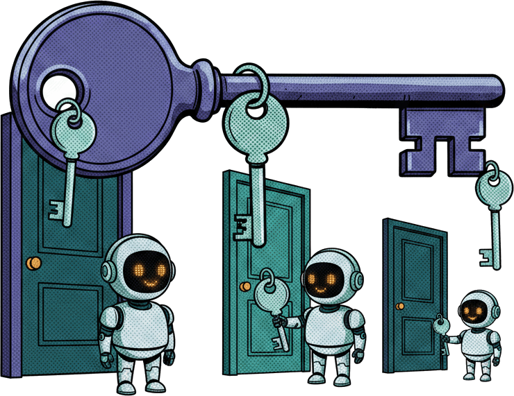 A large key handing smaller keys to friendly round white robot agents, each opening a smaller door