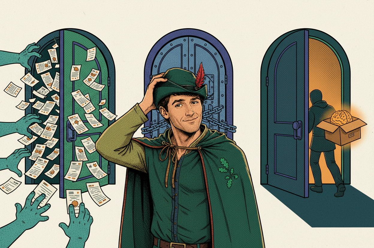 Richard scratching his head before three doors: documents flying out of one, one welded shut, one with a stranger carrying off a boxed brain